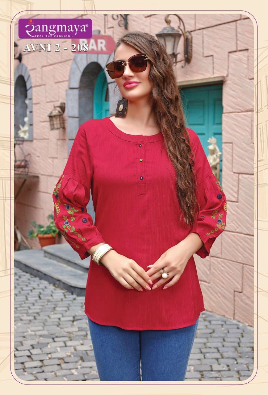 Rangmaya-avni Vol-2-fabric-rayon-imported-sleeves-work-short-top-kurti-208